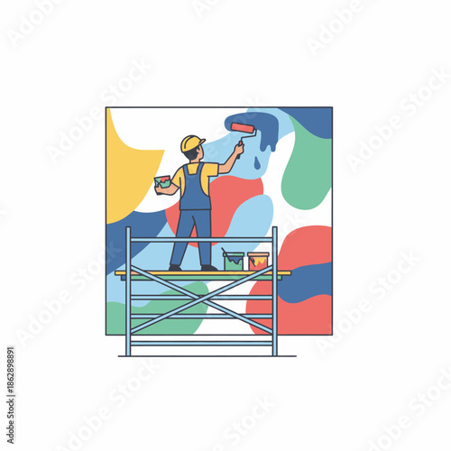 Painter creating abstract art on a wall.