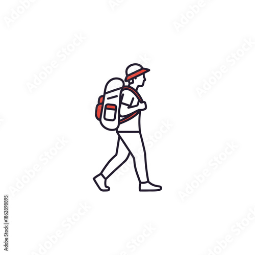 Minimalist Line Art Illustration of a Hiker with Backpack and Hat.