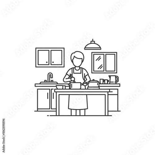 Person cooking in a kitchen illustration.