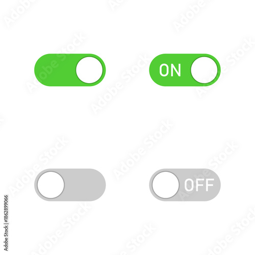 Green and grey toggle switch icons, On Off Button Set, User Interface Slider Controls, Mobile App Settings Element, Active and Inactive State Graphic