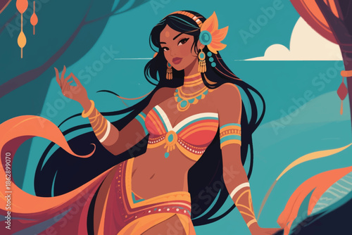 Ornate woman in colorful ceremonial attire with jewelry and floral headpiece in tropical decorative setting.