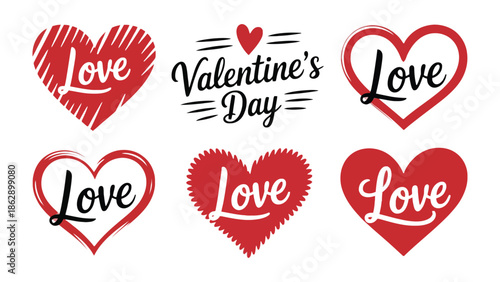 Symbols of Affection: A set of six heart designs, showcasing various artistic styles and compositions, with the word 'Love' intertwined within each heart alongside the greeting of 'Valentine's Day'.