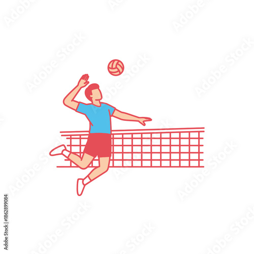 Volleyball player spiking the ball over the net.