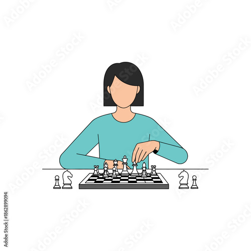 Woman playing chess game on white background.