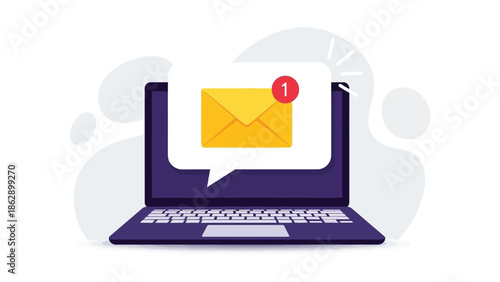 Laptop screen with new email notification speech bubble icon