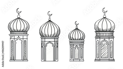 Islamic Architectural Elegance: A set of intricate mosque structures, each adorned with a crescent moon finial, showcasing traditional Islamic architecture and design. 