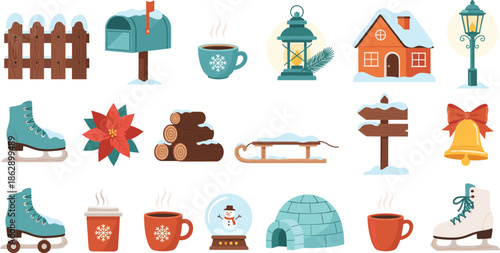 Winter and Christmas icon collection featuring ice skates snow globe igloo snowy house mailbox fence lantern and hot cocoa for holiday vector.