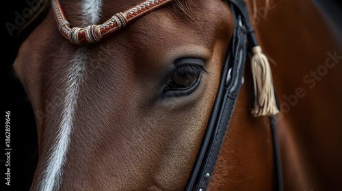 A close-up of a horse wearing a traditional bridle and tassel