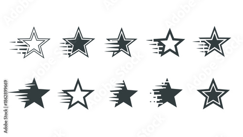 Collection of dynamic star icons with motion trails and outline styles