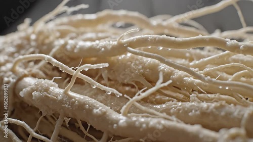 Closeup view of freshly harvested lightcolored ginseng roots showcasing their intricate and gnarled texture often used in traditional medicine and health supplements highlighting natural wellness and.