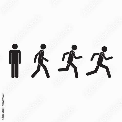 Four black stick figures showing progression from standing to running