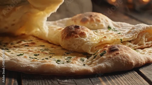 Delicious freshly baked traditional flatbread possibly naan or pita with visible herbs and spices resting on a rustic wooden table exuding warmth and homemade comfort ready to be served and enjoyed a.