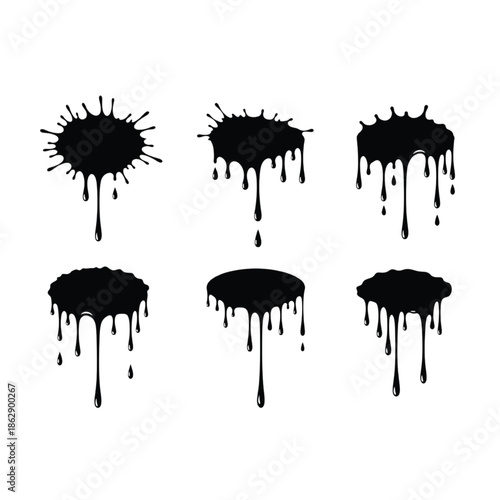 Six black ink splatters with dripping liquid dripping ink