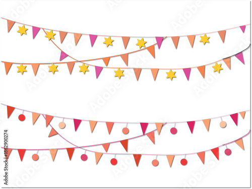 Colorful party bunting flags arranged in rows against a plain white background celebration