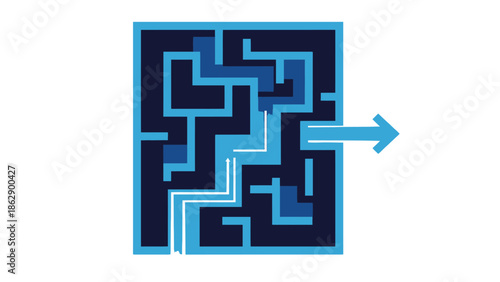 Blue labyrinth maze illustration showing navigation toward an exit