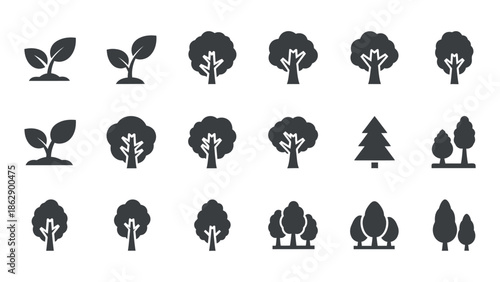 Collection of plant growth stage and tree silhouette icons