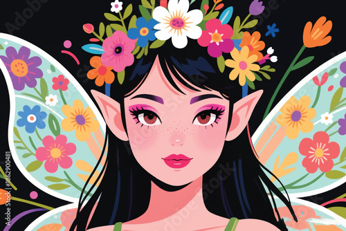 Dark haired fairy with floral wings and flower crown in vibrant colors against mystical dark background.