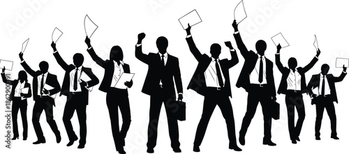 Silhouettes of business team celebrating with documents and briefcases, black figures, expressive posture, white background, corporate success illustration