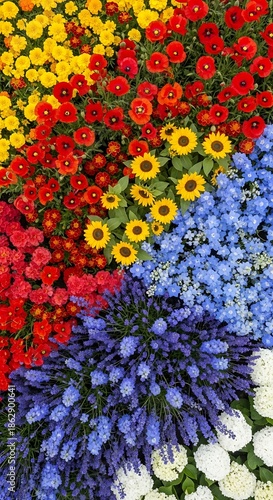 Vibrant assortment of blooming garden flora arranged in colorful quadrants