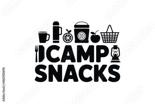 Camp snacks icons feature a lantern, thermos, and basket for outdoor.