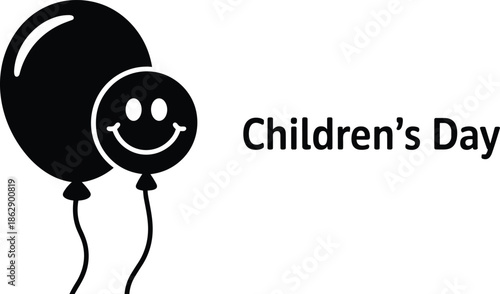 Children’s Day vector illustration, black balloons with smiley face, festive design, minimal artwork, celebration icon, cheerful mood, stock graphic