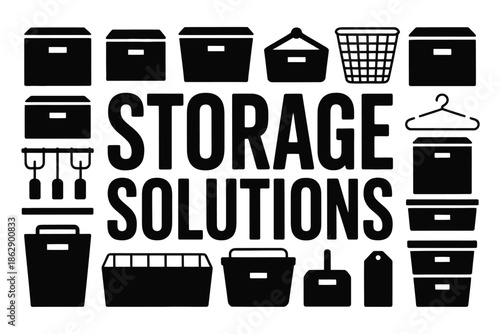 Storage solutions typography uses various containers and organization.
