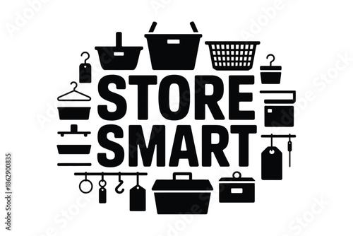 Shopping icons surround smart store text encouraging consumer efficiency.
