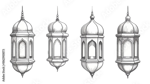 Ornate Lanterns: Four elegantly designed lanterns, showcasing intricate architectural details and radiant, celestial illumination, symbolize cultural richness and festive celebration.