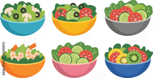 Colorful salad bowl vector illustration set, healthy food design, vegetable mix, shrimp, fruit, mushroom, cucumber, tomato, stock culinary artwork