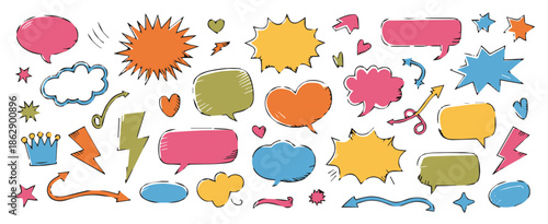 speechbubble comic vector elements set with handdrawn doodles