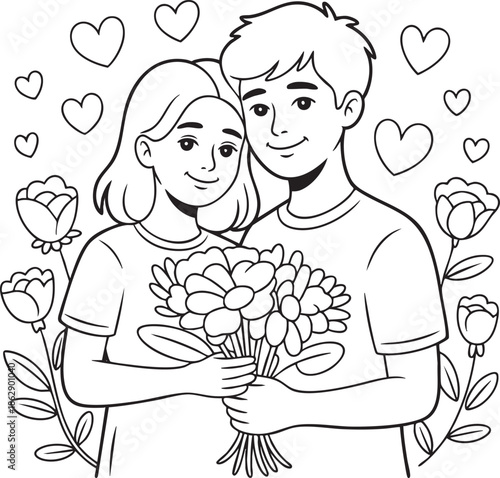 A charming illustration of a couple with flowers and hearts around them