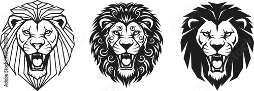 Roaring lion head vector illustration, tribal style, geometric design, bold black artwork, abstract animal face, fierce expression, decorative mane, stock art