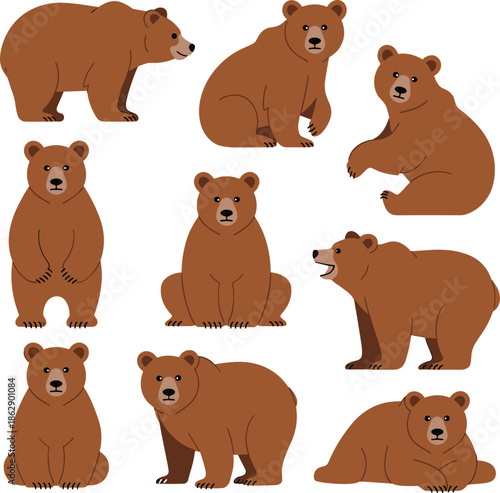 Cartoon brown bear character vector illustration set, cute animal poses, playful expressions, children’s design, sitting, walking, sleeping, growling, stock artwork