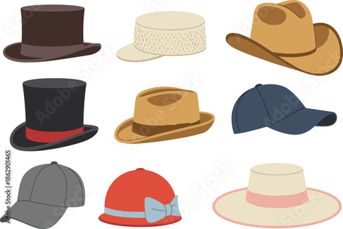 Hat collection vector illustration set, fashion accessories, diverse headwear styles, top hat, fedora, baseball cap, cloche, sun hat, stock graphic