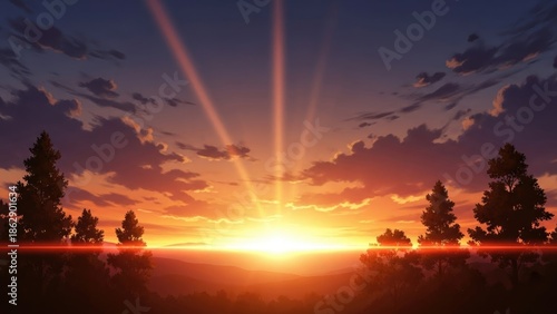 Stunning anime-style sunset over a serene forest landscape with vibrant orange and purple clouds and dramatic sun rays, perfect for backgrounds and fantasy themes