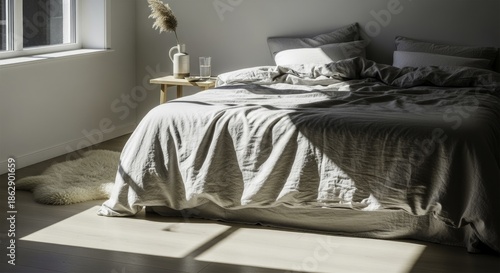 Sunlit Minimalist Bedroom with Cozy Linen Bedding, Natural Light, and Scandinavian Aesthetic