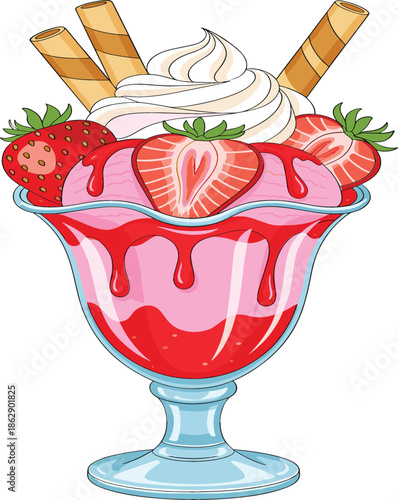 Delicious strawberry ice cream sundae in a glass bowl with whipped cream fresh fruit slices and wafer rolls dessert.