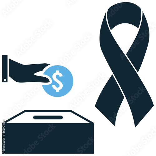 Cancer donation icon vector for medical fundraising. Ideal for oncology support, charity drives, giving money for research, and health hope symbols.