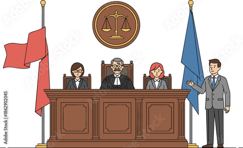 Legal courtroom scene with a judge and lawyers sitting at the bench with scales of justice symbol and flags representing law order and trial process.