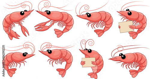 Cute shrimp character collection featuring cartoon pink prawns in various poses including holding blank signs for seafood restaurant menu and vector design.