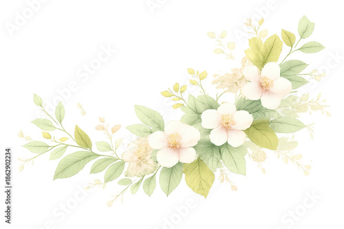 Floral arrangement on transparent background with flowers and leaves.
