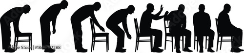 Silhouettes of person sitting down sequence, black figures, ergonomic posture, white background, movement and biomechanics illustration