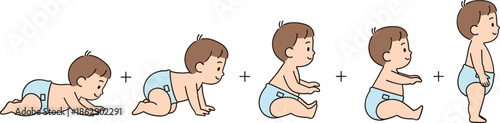 Stages of baby growth and development from crawling to sitting and standing up in diapers showing child milestone progress and evolution.