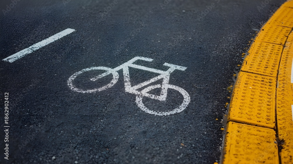 Obraz premium A close-up of a dark grey asphalt bike lane with a white bicycle sign painted on it. The path has a minor bend and is surrounded by a pedestrian crossing and yellow tactile pavement.