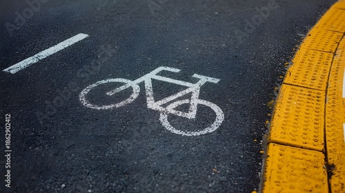 A close-up of a dark grey asphalt bike lane with a white bicycle sign painted on it. The path has a minor bend and is surrounded by a pedestrian crossing and yellow tactile pavement.