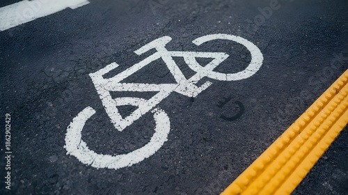 A close-up of a dark grey asphalt bike lane with a white bicycle sign painted on it. The path has a minor bend and is surrounded by a pedestrian crossing and yellow tactile pavement.