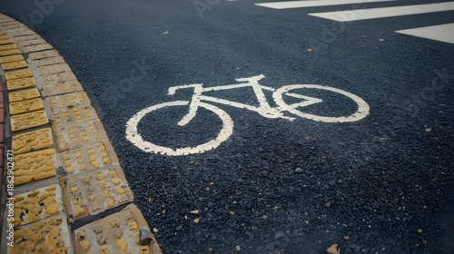 A close-up of a dark grey asphalt bike lane with a white bicycle sign painted on it. The path has a minor bend and is surrounded by a pedestrian crossing and yellow tactile pavement.