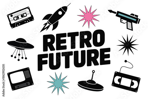 Retro future icons depict vintage science fiction aesthetic elements.