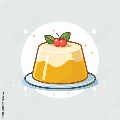 Sweet golden custard dessert illustration, like a flan, served on a plate with red cherries and green leaves, a delightful cartoon graphic