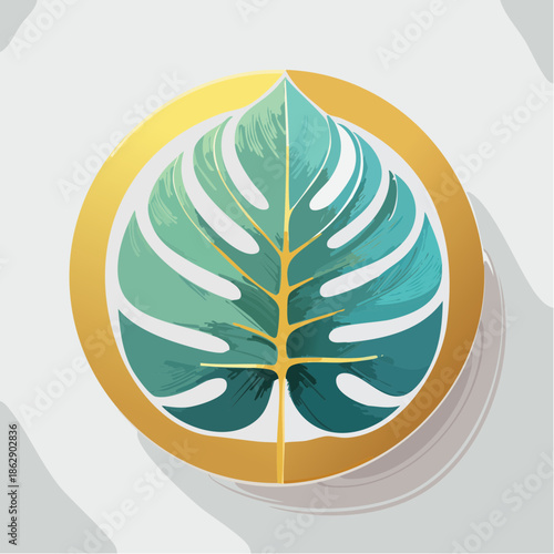 Beautiful green monstera leaf artwork with a golden circle frame